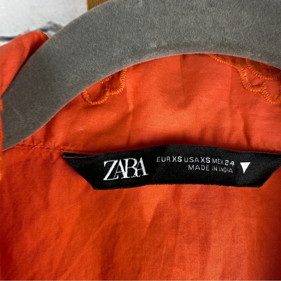 Zara Poplin Embroidered Midi Dress Eyelet Ruffled Puff Sleeve Orange - Picture 3 of 10